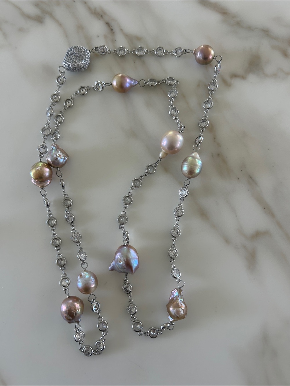 Freshwater Baroque Pearl and Cubic Zirconia Station Necklace - Iridescent Pink